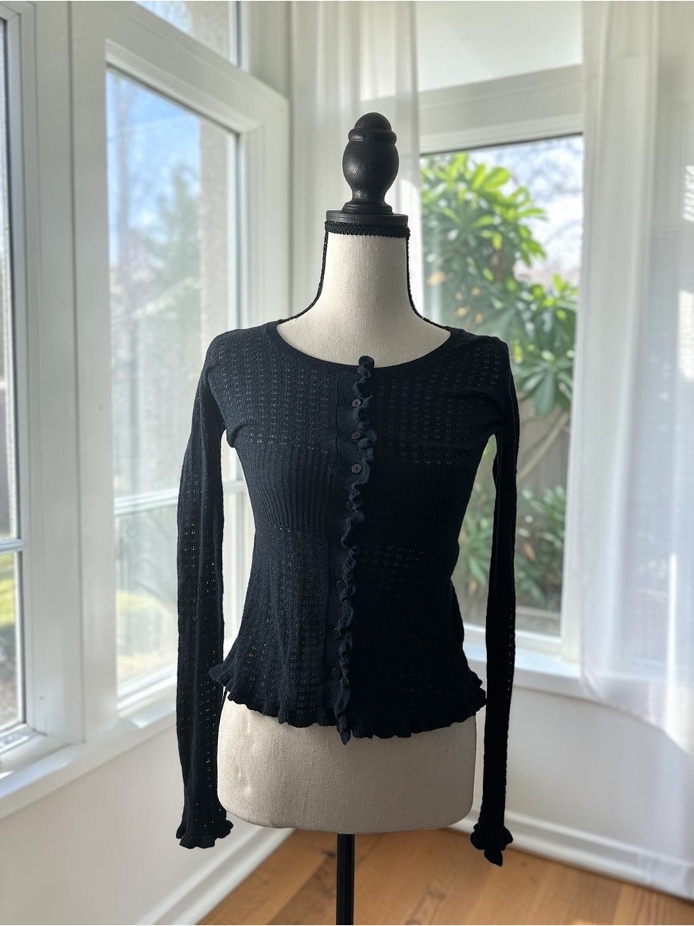 VTGY2K Moda International Black Ruffle Trim 100% Cotton Pointelle Cardigan XS